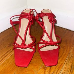 Red Squared Toe Lace-Up Heels